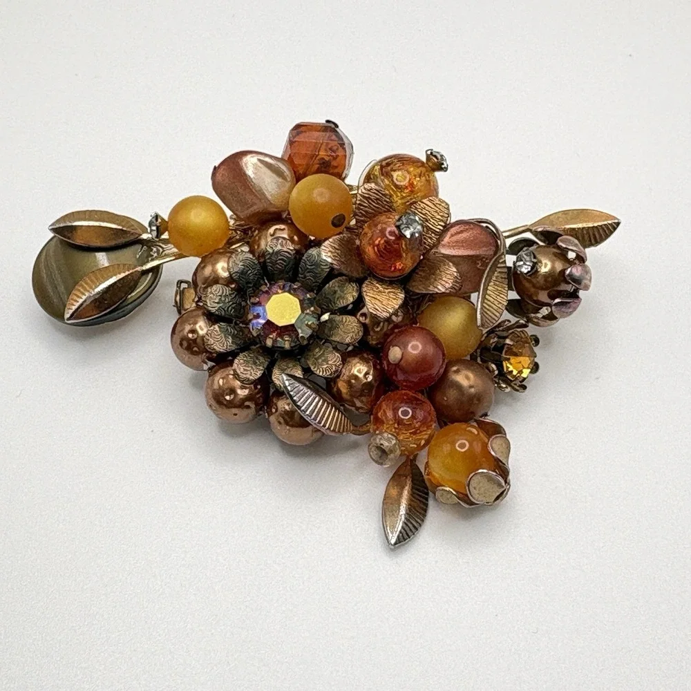 Vintage Brooch Flower AB Artglass Honey Bronze Thermoset Rhinestone MCM